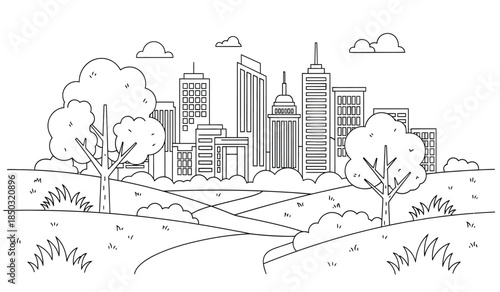 a detailed line drawing showcases a sprawling cityscape with numerous tall buildings lush green trees rolling hills and winding paths creating a serene urban landscape