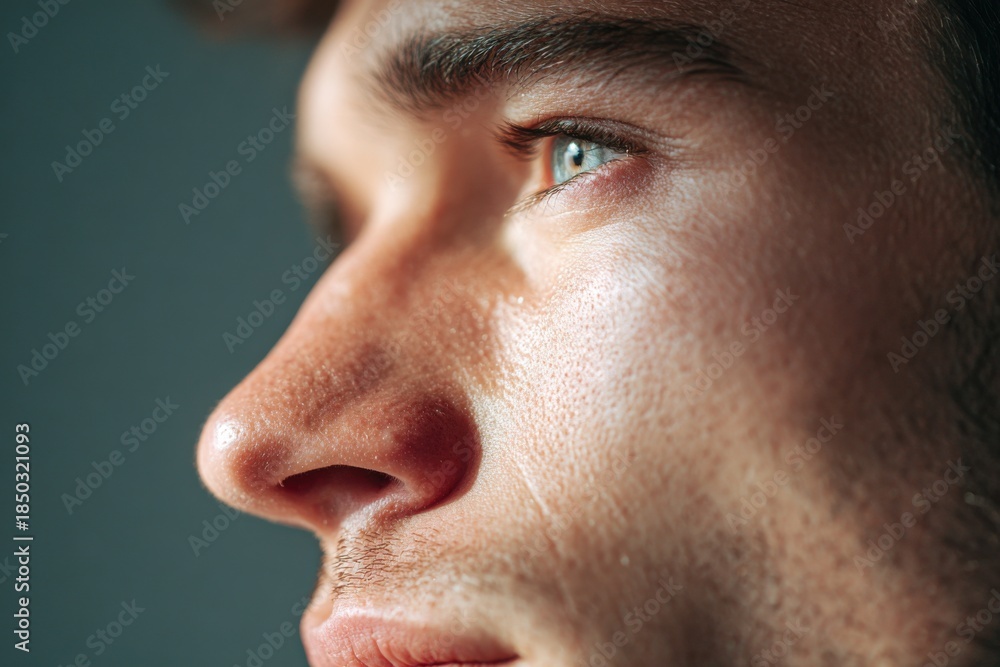 Obraz premium Close-up profile portrait of a young man with striking blue eyes and defined facial features, showcasing a thoughtful expression and natural skin texture in a neutral background