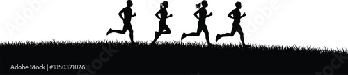 Running people silhouettes in nature, outdoor fitness activity, jogging group exercising together, healthy lifestyle, sport training illustration