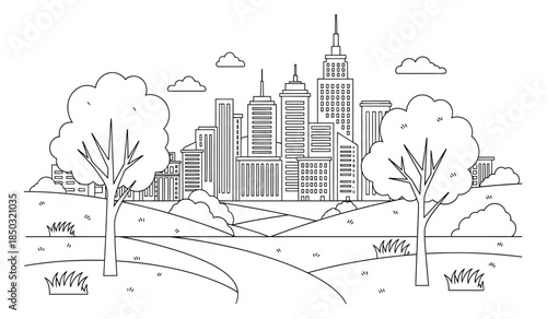 a detailed line drawing depicts a cityscape with several tall buildings and trees in the foreground offering a scenic view high quality professional