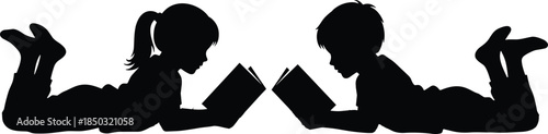 Silhouette of children reading books together, boy and girl lying on floor, education learning childhood literacy imagination knowledge concept illustration