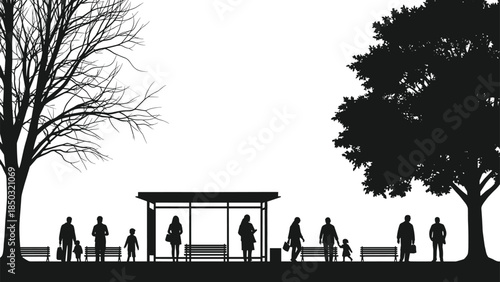 Urban public park silhouette illustration, families people children walking trees benches pavilion outdoor recreation black vector landscape scene
