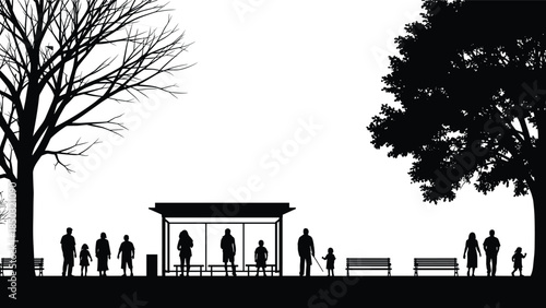 Urban public park silhouette illustration, families people children walking trees benches pavilion outdoor recreation black vector landscape scene