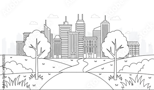 a detailed line drawing depicts a sprawling cityscape with various tall buildings trees and a winding path in the foreground showcasing urban landscape