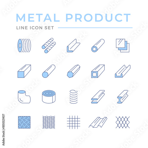 Set color line icons of metal products isolated on white. Iron or steel industry. Wire, tube, armature, sheet, hexagon, rabitz, girder. Vector illustration