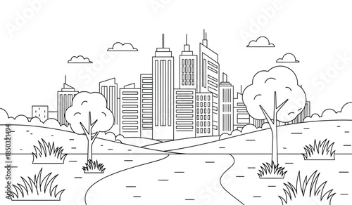 a detailed line drawing showcases a sprawling cityscape with tall buildings lush trees grassy fields and winding paths creating a serene urban landscape