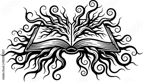 Vintage Illustration: Open Book and Organic Branches Design