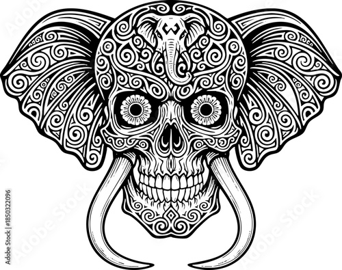 Ornate black and white elephant skull with tusks vector illustration