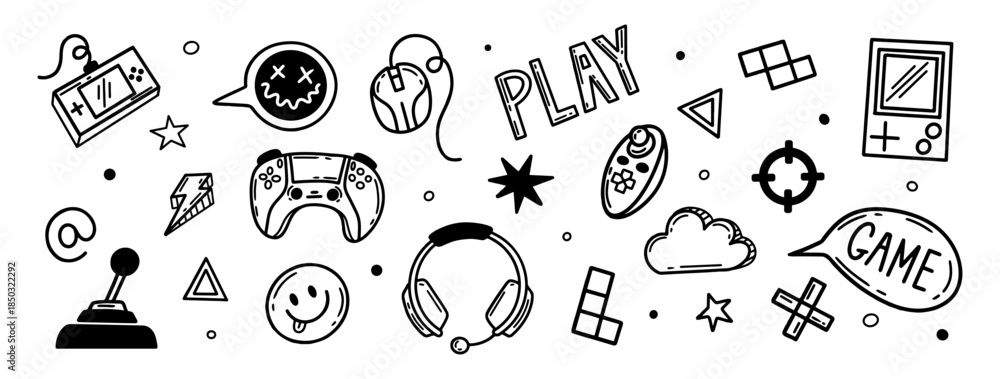 Fototapeta premium Doodle vector set featuring video game elements. Video gamer console, joystick, controller ellement. Perfect for video game themed project.