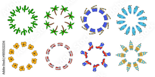 Set of cute round frames with doodle California landmarks and attractions isolated on white background.