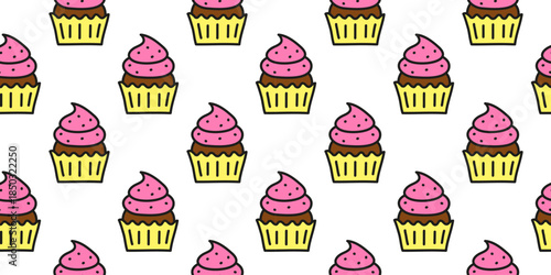 Cute seamless pattern with doodle cupcakes with whipped cream on white background.