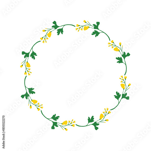 Cute round wreath with hand drawn canola rapeseed flowers isolated on white background.