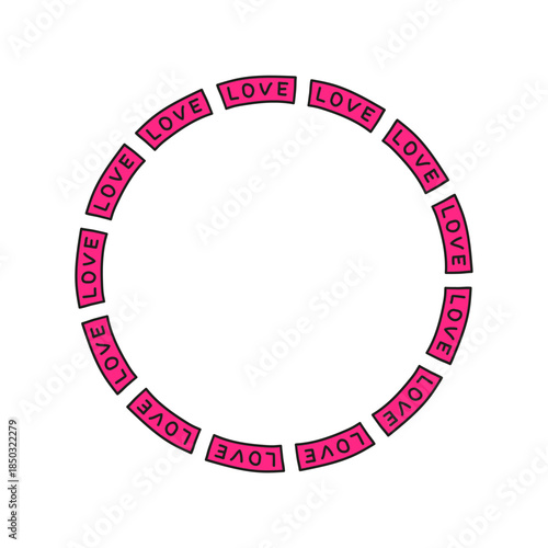 Cute round frame with doodle Valentine cards with text love isolated on white background.