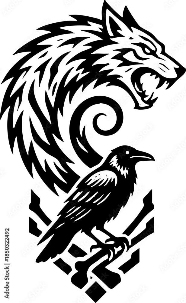 Fototapeta premium Black and White Wolf Head and Raven Tribal Graphic Illustration