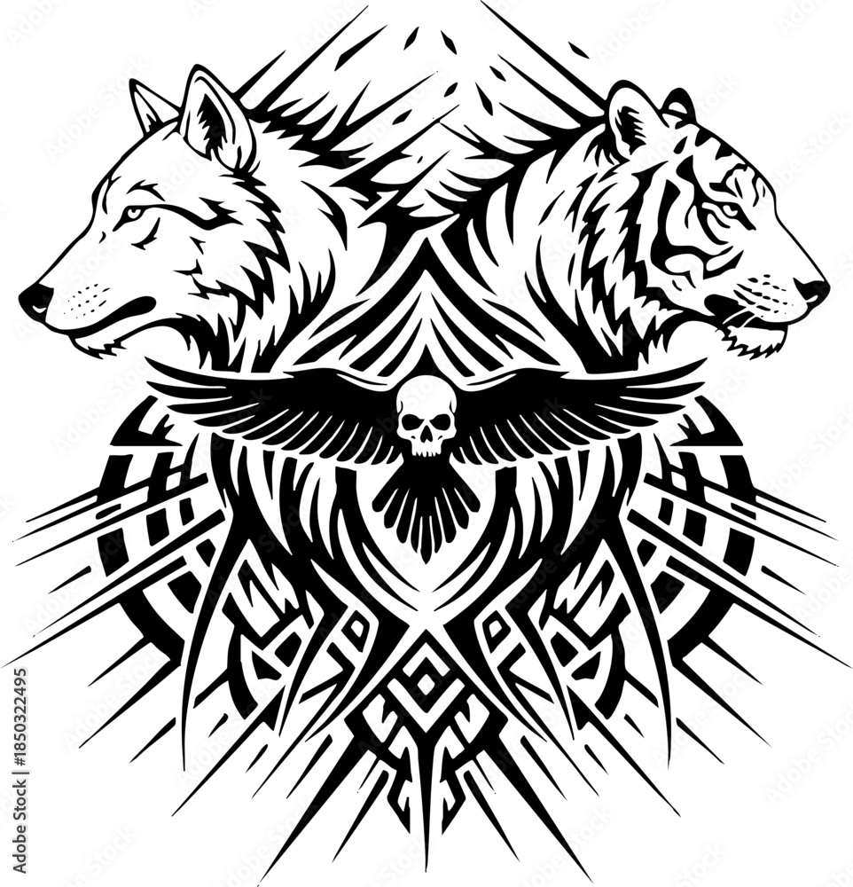 Fototapeta premium Wolf and Tiger tribal graphic design with raven skull emblem.