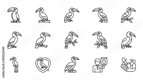 A collection of outlined icons featuring birds, a person, and a pair of hands holding a group of people