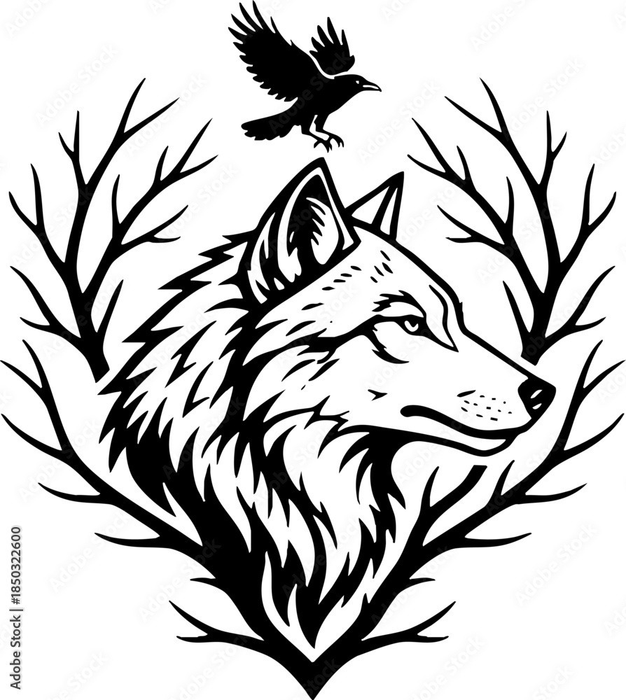 Fototapeta premium Monochromatic Wolf Head with Raven and Branches Illustration