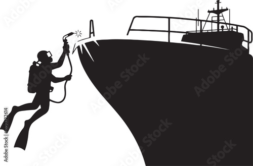 Silhouette of a diver welding the hull of a large ship underwater vector illustration