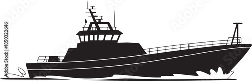 Silhouette of a Fishing Boat Moving Through Water on White Background trawler vessel