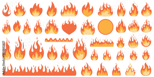 Fire flames bright fireball, heat, wildfire, and red-hot bonfire, campfire, and fiery flames, isolated vector illustration set, perfect for animated design, gaming graphics, digital artwork, fire saf