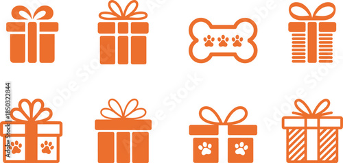 Set of orange pet-themed gift icons with bows and paw prints, perfect for animal care branding, packaging, celebrations, and festive design elements.