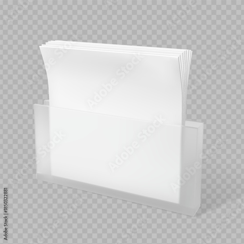 3D White square paper napkins in a transparent rectangular holder.