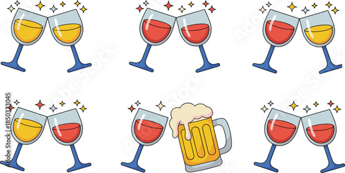Colorful cartoon illustration of clinking wine glasses and beer mug icons, festive alcohol drink cheers concept for celebration, party, toast, and nightlife design
