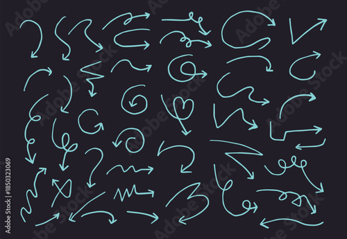 Creative collection of hand-drawn chalk effect arrows pointing in many ways