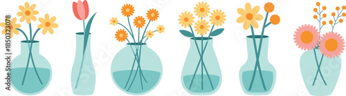 Cartoon-style flower arrangements in transparent vases featuring colorful blooms and varied shapes, perfect for decorative, educational, or botanical-themed design projects.