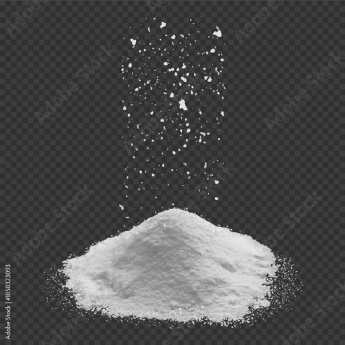 A realistic pile of white fine salt or sugar with falling particles, side view.