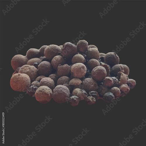 A pile of dry realistic allspice peas, isolated on black background.