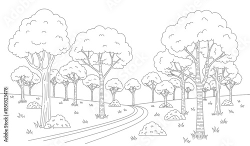 a detailed black and white illustration depicts a winding path through a forest of various sized trees and shrubbery high quality professional modern