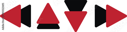 media player control buttons set with red and black triangular play pause and skip navigation icons isolated background.
