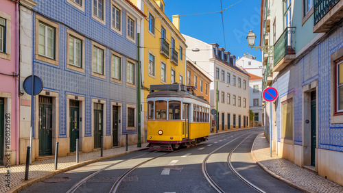: Classic Lisbon cityscape featuring the iconic yellow vintage tram traveling through a narrow street with tiled houses. Sunny day with vibrant colors and traditional Portuguese atmosphere. High-quali