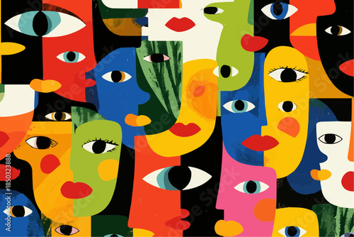 Vibrant abstract vector pattern with overlapping colorful faces and eyes on black background. Perfect for digital paper, bold packaging design, and eye-catching web banners
