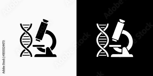 Vector design of microscope and DNA symbol in modern, simple, clean and abstract style. Icons for business, research, health and science.