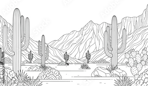 a detailed black and white illustration depicts a classic desert landscape with various cacti mountains and rocky terrain creating a serene scene