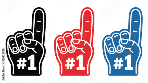 Foam Finger Number One Hand Symbols in black, red, and blue, vector illustration of energetic sports fan cheering accessories, perfect for event designs, celebration graphics, sports posters, fan merc