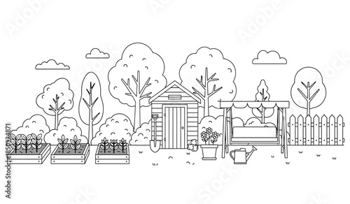 a detailed line drawing showcases a quaint garden scene featuring a small wooden shed lush trees and raised garden beds filled with plants