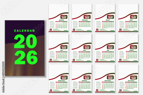 Professional 2026 wall calendar template with modern grid layout