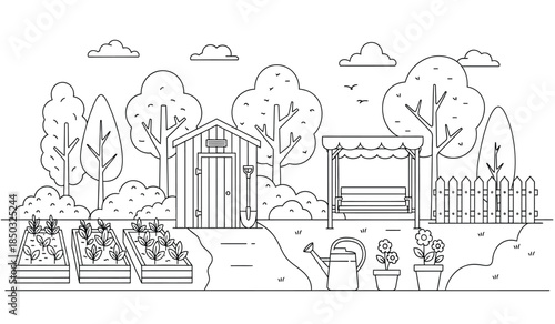 a detailed black and white illustration depicts a charming garden scene with a shed pergola and various plant life offering a peaceful outdoor atmosphere
