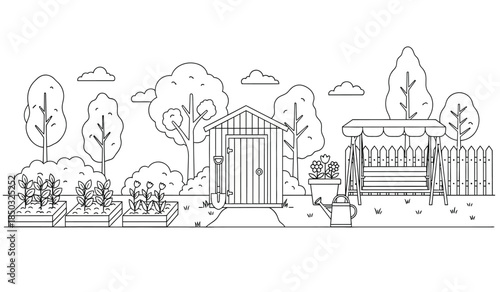 a detailed line drawing showcases a serene garden scene with a wooden shed flourishing plants and a charming gazebo structure alongside a picket fence