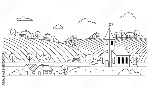 a charming black and white illustration depicts a quaint rural landscape with rolling hills buildings and trees showcasing a peaceful countryside scene