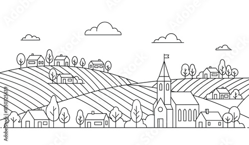 a detailed line drawing showcases a quaint countryside village nestled among rolling hills and beneath a bright cloud filled sky high quality professional