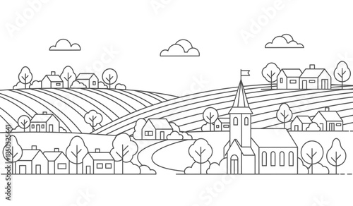a detailed black and white illustration depicts a quaint rural landscape featuring rolling hills a small village and a prominent church steeple