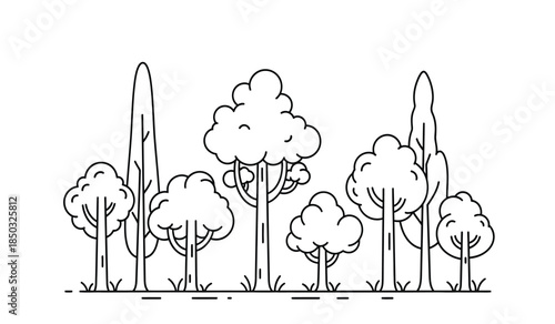 a minimalistic black and white illustration depicts a row of various shaped trees along a ground line showcasing simple botanical forms high quality