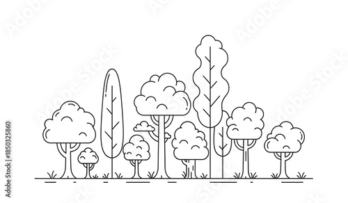 a simple black and white illustration depicts a forest scene with various stylized trees and a grassy ground line creating a peaceful and natural look