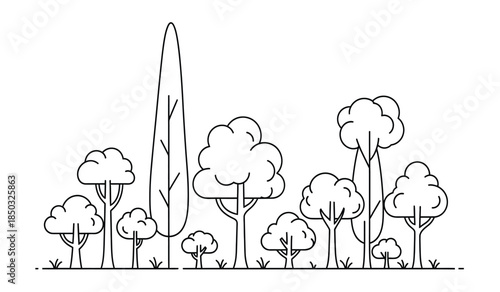 a simple black and white line drawing depicts an arrangement of trees with varying heights and rounded canopies creating a peaceful landscape