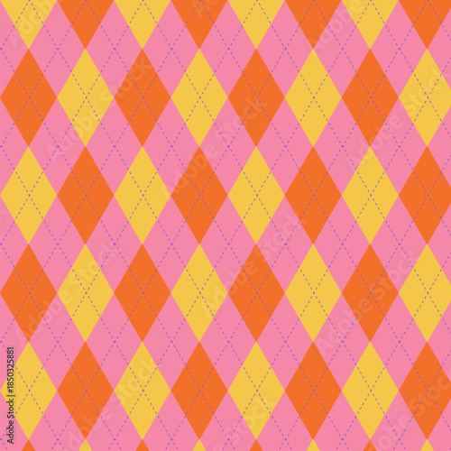 Сlassic diamond pattern in yellow and orange with lilac stitching on a pink background