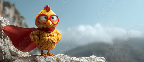 Cartoon chicken hero wearing cape and glasses standing on cliff